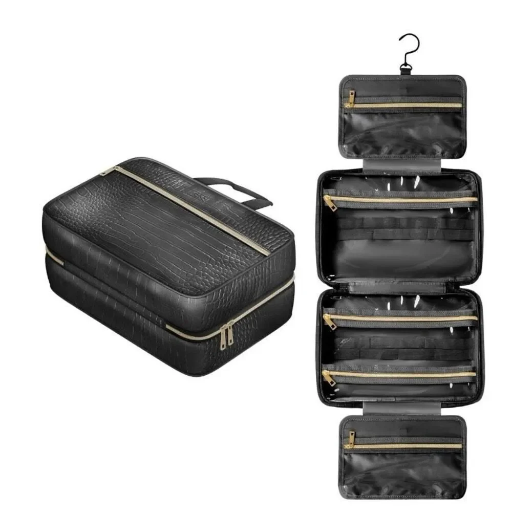 Leather Hanging Toiletry Bag for Men Women Spacious Toiletry Travel Bag Black